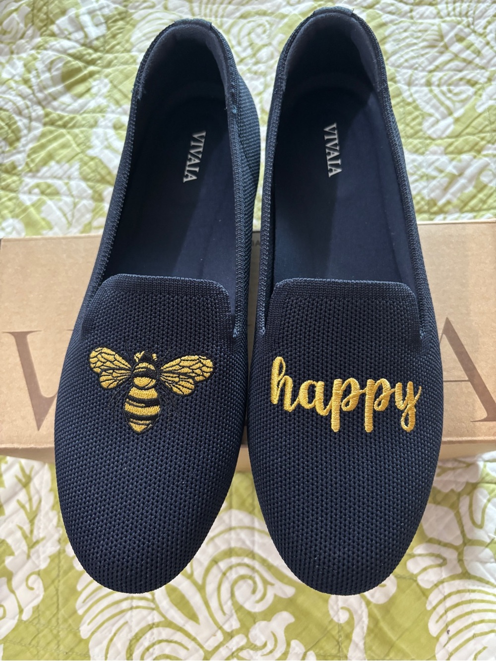 VIVAIA Audrey Navy Knit Slip-On Loafers Flat Bee & 'Happy' Embroidery EU 38.5